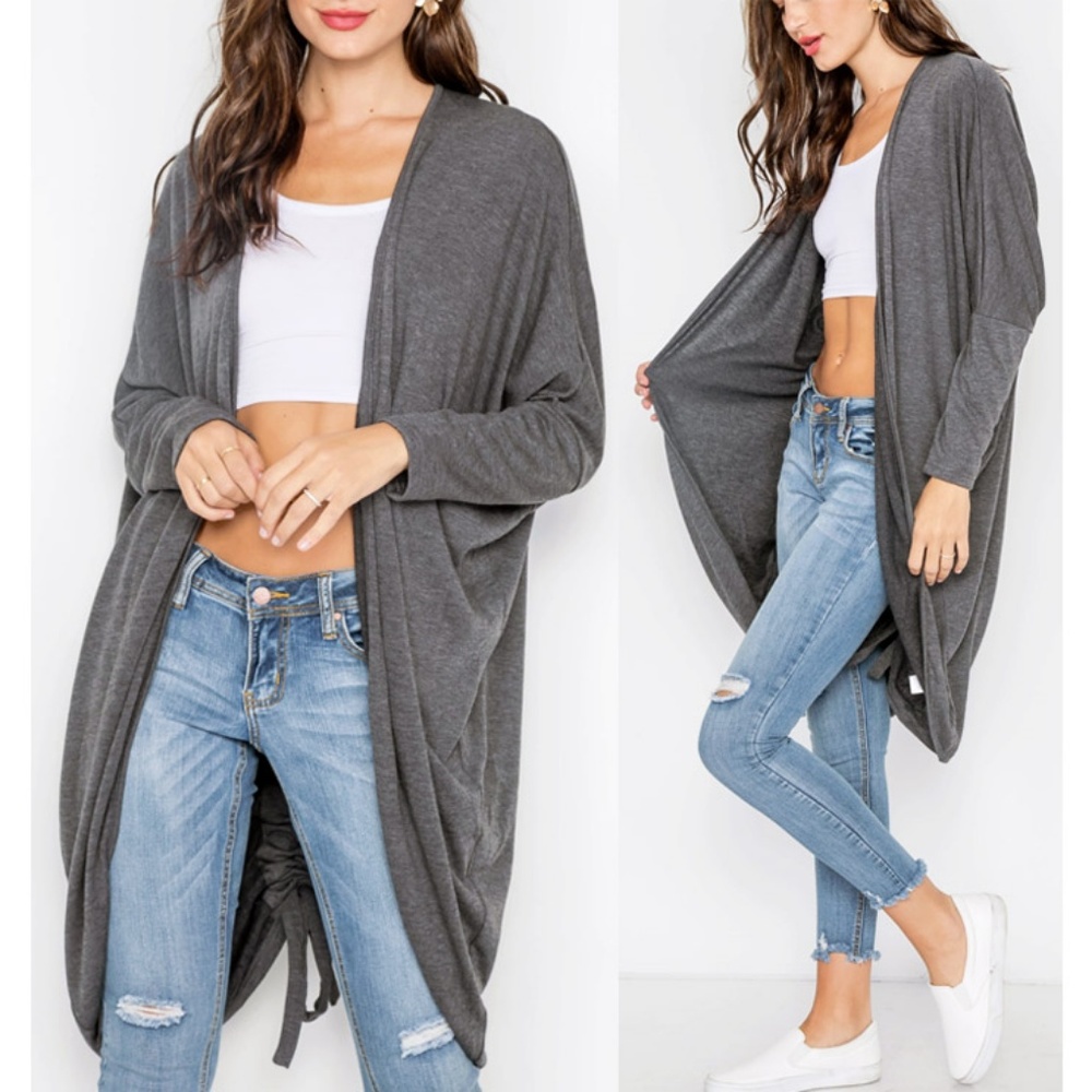 Gray Long Gathered Back Open Circle Hem Cardigan - Picture 2 of 8